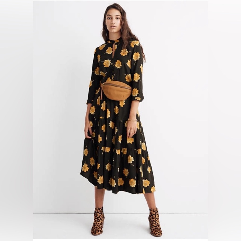 Madewell Button-Front Tier Dress in the Fall Flowers print and olive green. S.